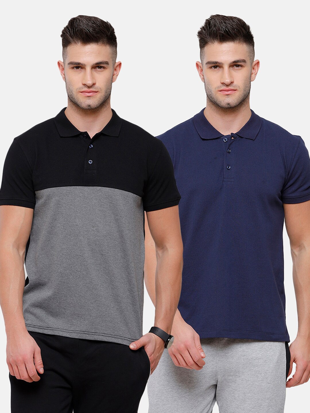 

MADSTO Men Charcoal & Navy Blue Pack of 2 Polo Collar Slim Fit T-shirt