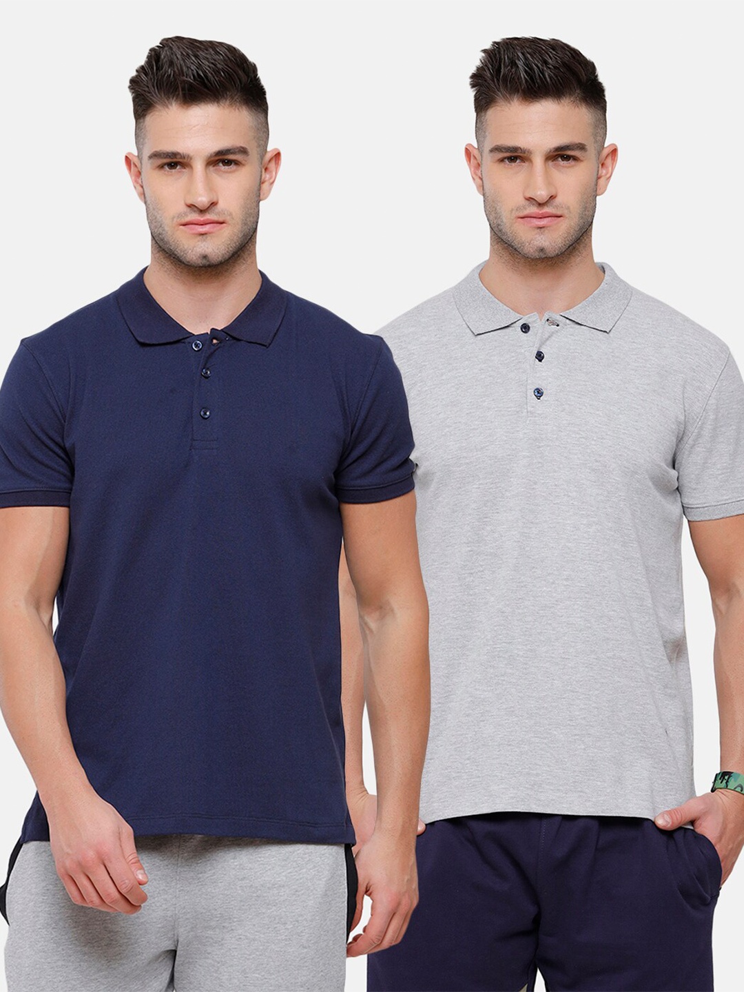 

MADSTO Men Navy Blue & Grey Pack Of 2 Polo Collar Slim Fit T-shirt