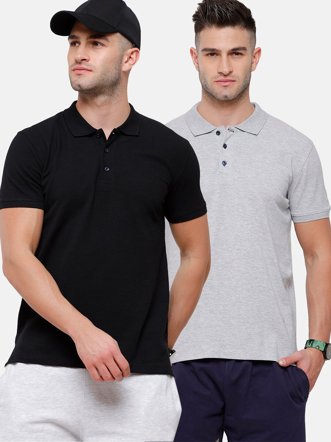 

MADSTO Men Black & Grey Pack Of 2 Polo Collar Slim Fit T-shirt