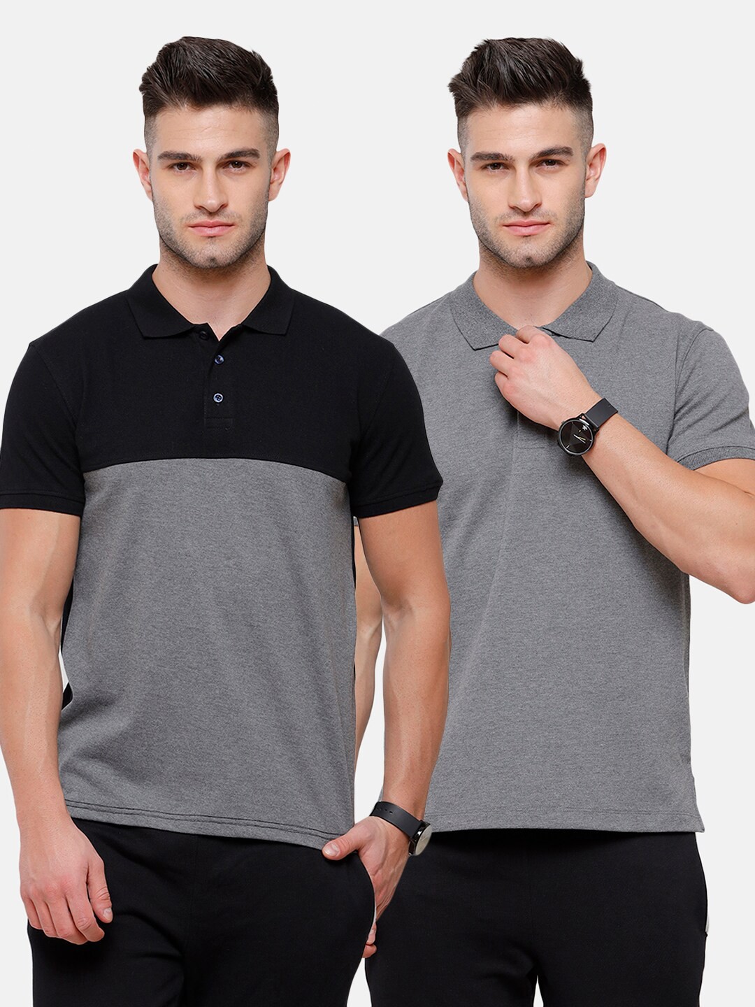 

MADSTO Men Charcoal & Black Pack Of 2 Polo Collar Slim Fit T-shirt