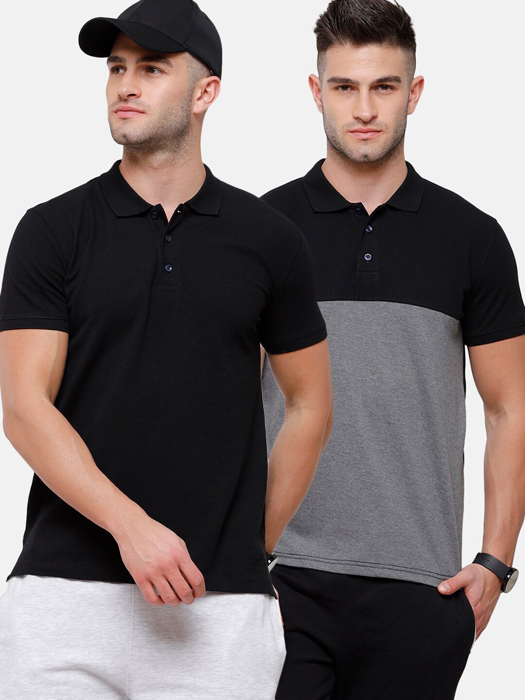 

MADSTO Men Black & Grey Pack Of 2 Polo Collar Slim Fit T-shirt