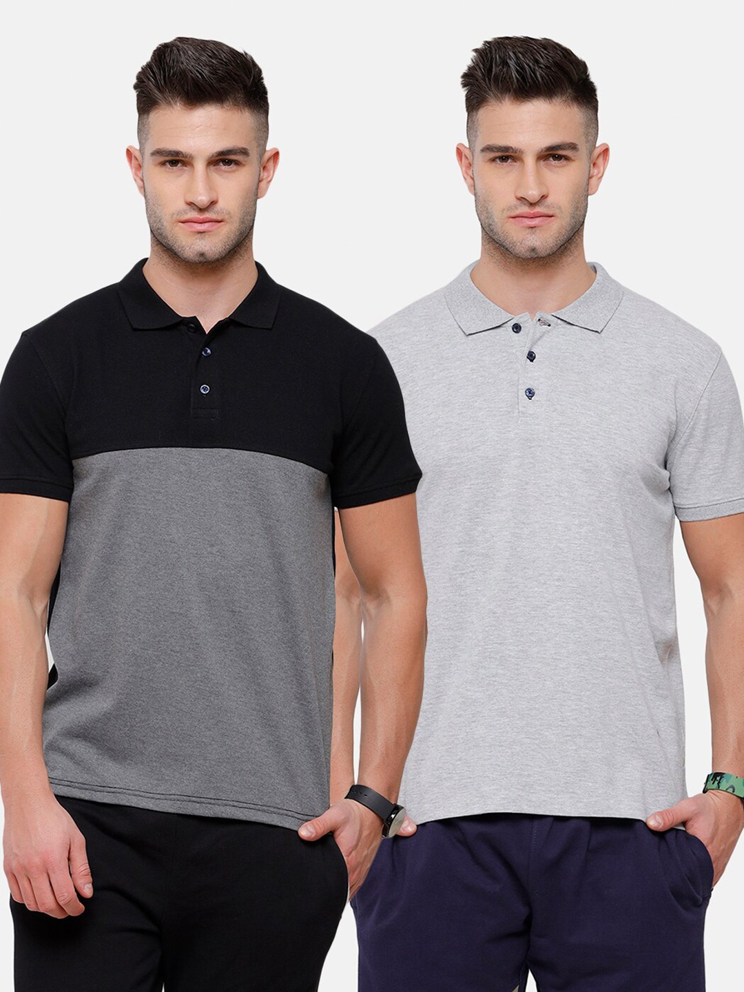 

MADSTO Men Grey & Black Pack Of 2 Polo Collar Slim Fit T-shirt