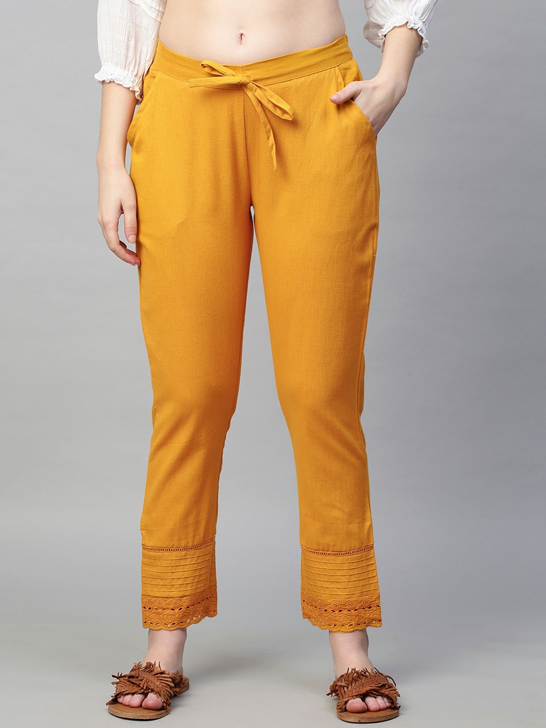 

FASHOR Women Yellow Comfort Straight Fit Pleated Trousers
