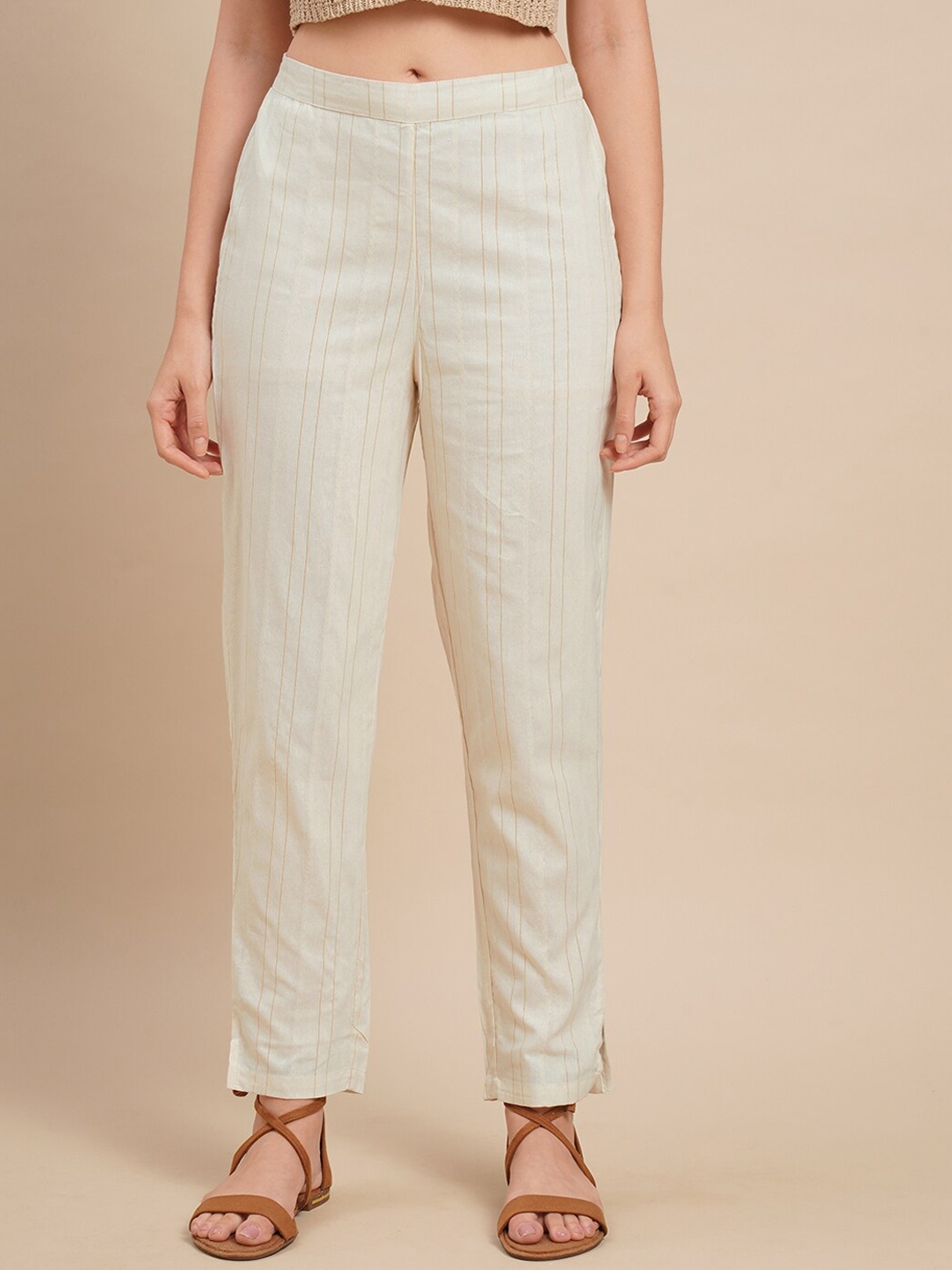 

FASHOR Women Off White Striped Comfort Straight Fit Cotton Trousers