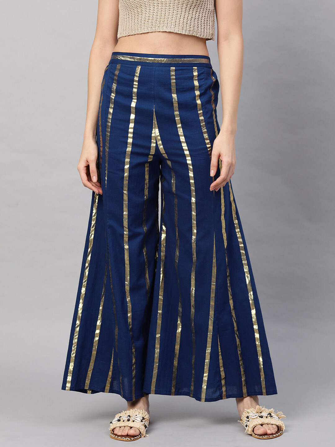 

FASHOR Women Navy Blue & Golden Striped Flared Palazzos