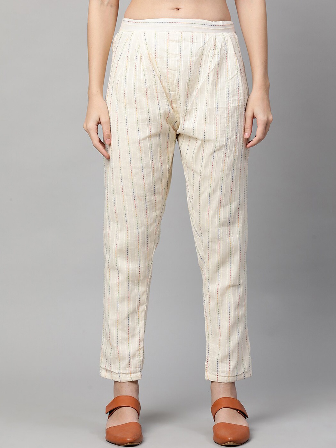 

FASHOR Women Off White Striped Comfort Straight Fit Pleated Trousers