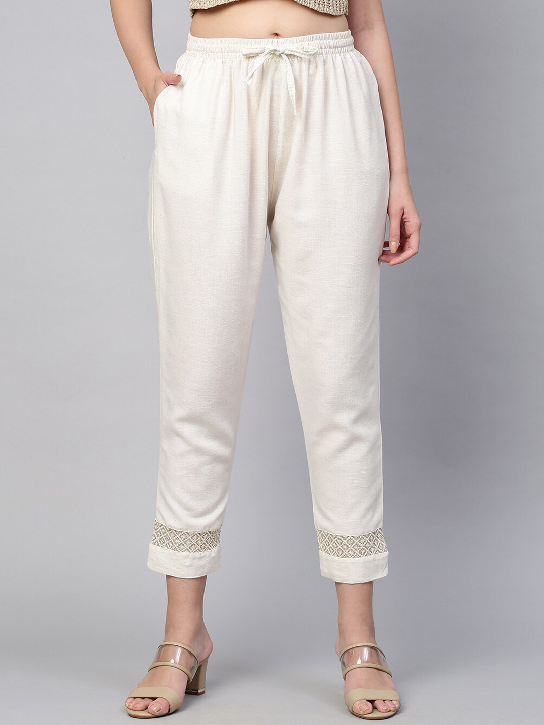 

FASHOR Women Off White Comfort Slim Fit Pleated Trousers