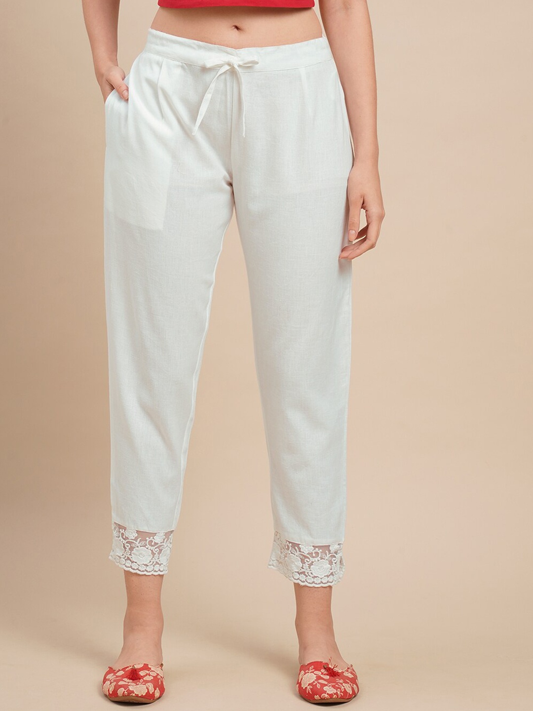 

FASHOR Women White Comfort Straight Fit Crochet Lace Cotton Trousers