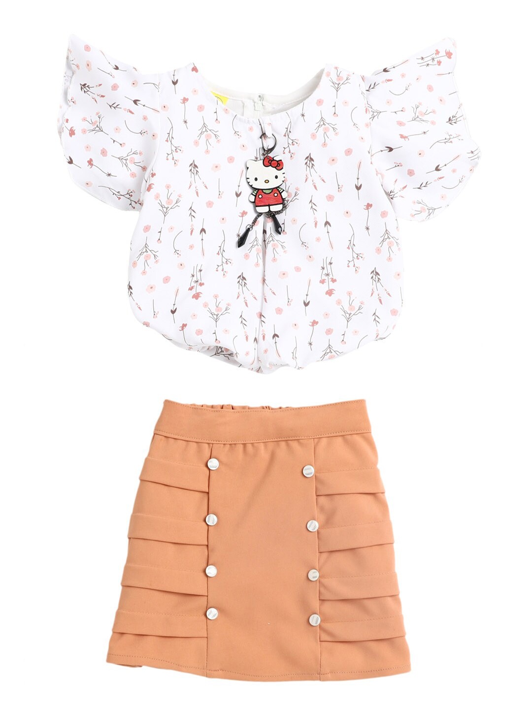 

The Magic Wand Girls White & Peach-Coloured Printed Hello Kitty Top with Skirt