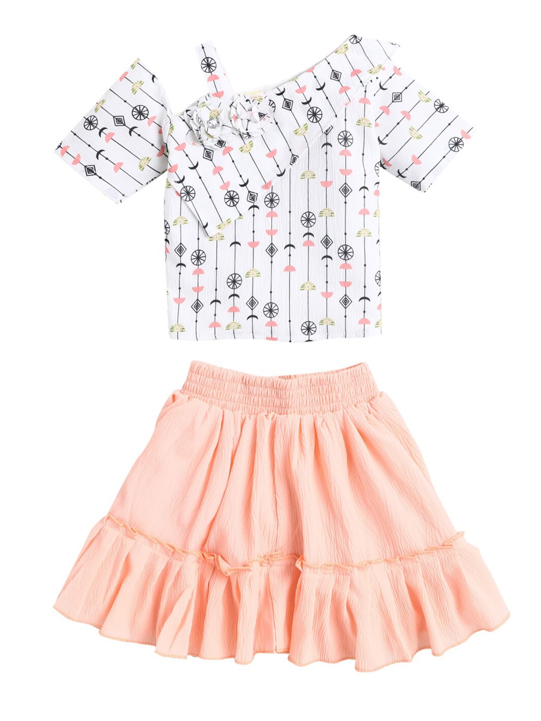 

The Magic Wand Girls Peach-Coloured Printed Top with Skirt