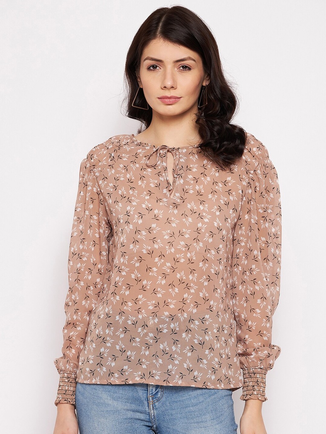 

PURYS Brown Floral Print Keyhole Neck Georgette Top