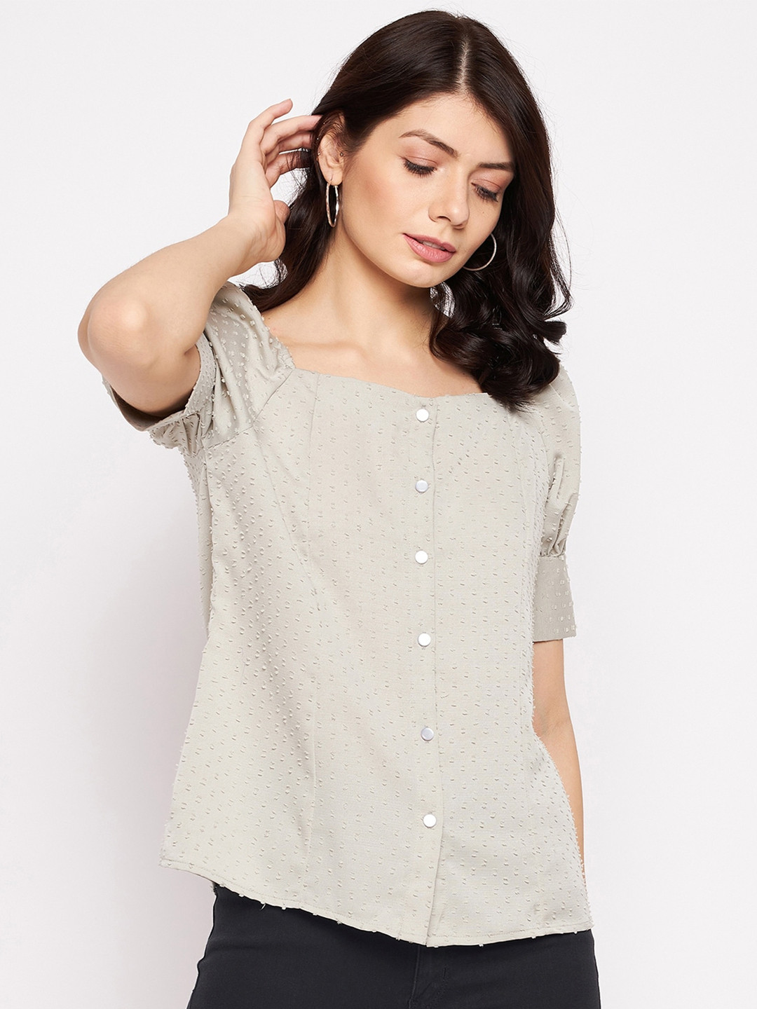 

PURYS Women Grey Geometric Printed Georgette Top