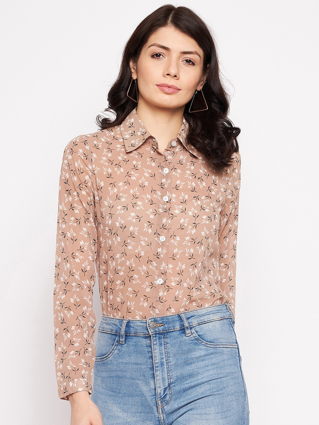 

PURYS Women Brown Smart Floral Semi Sheer Printed Casual Shirt