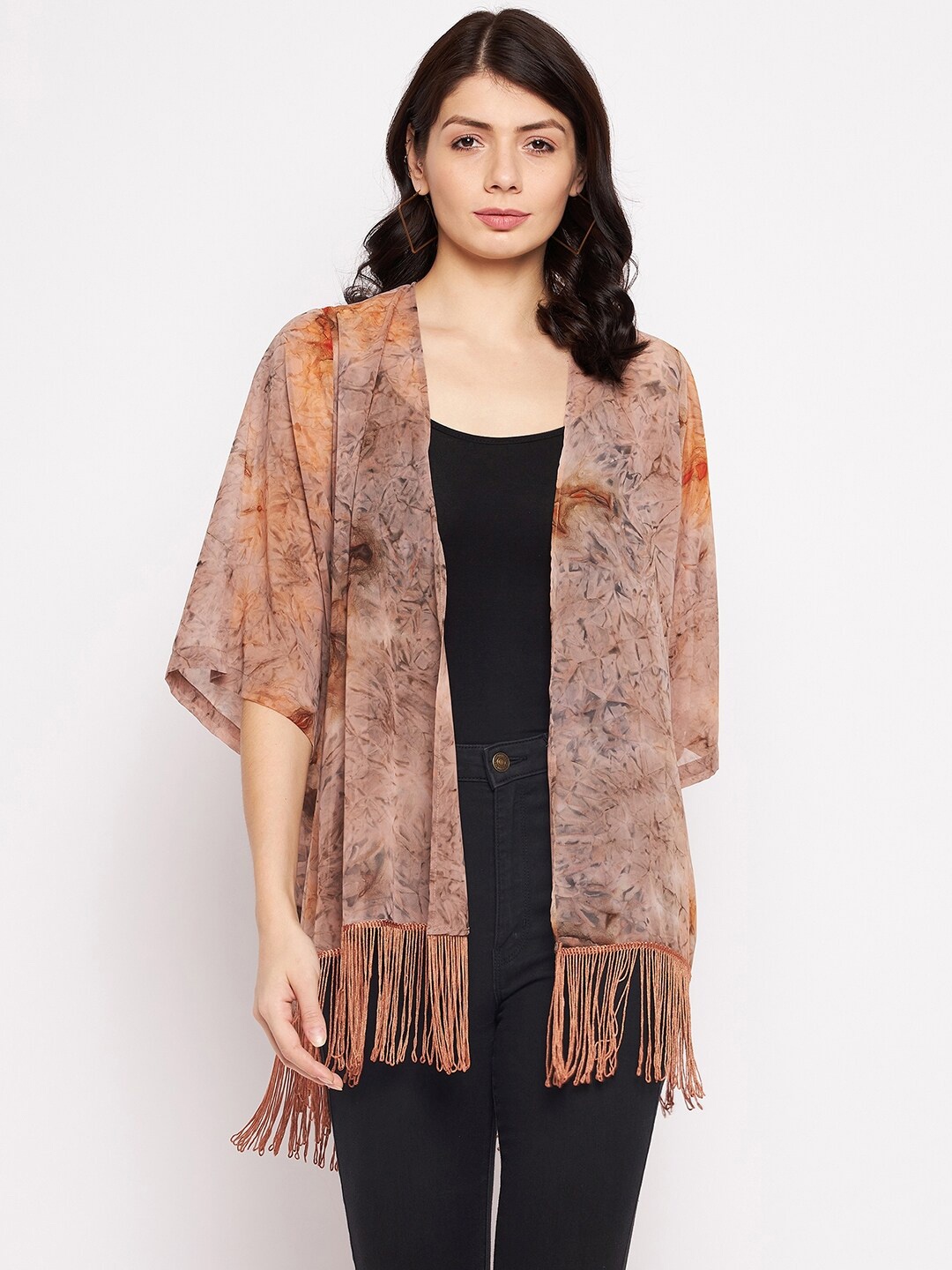 

PURYS Women Brown Printed Tasselled Shrug
