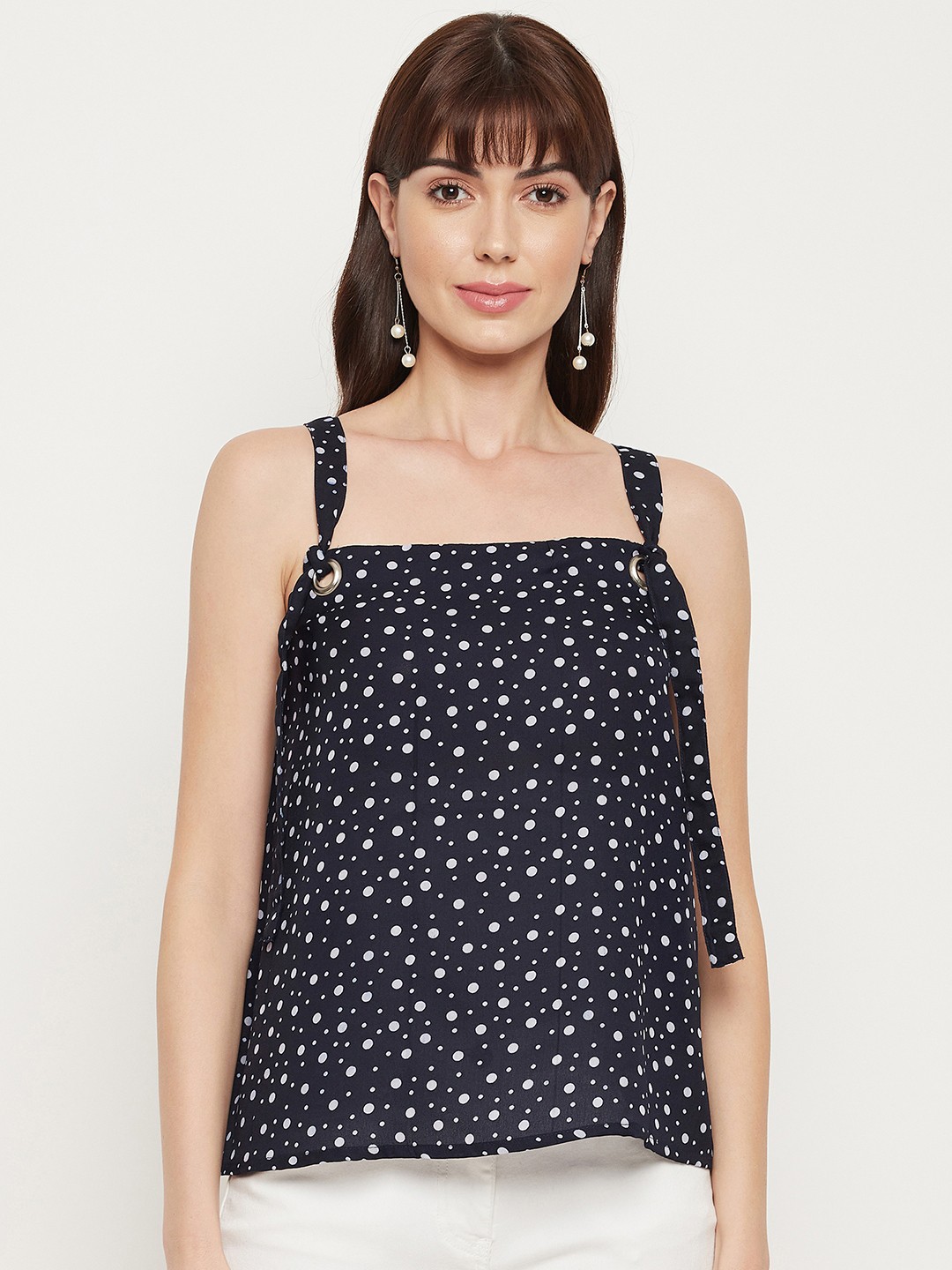 

PURYS Navy Blue & White Print Georgette Top