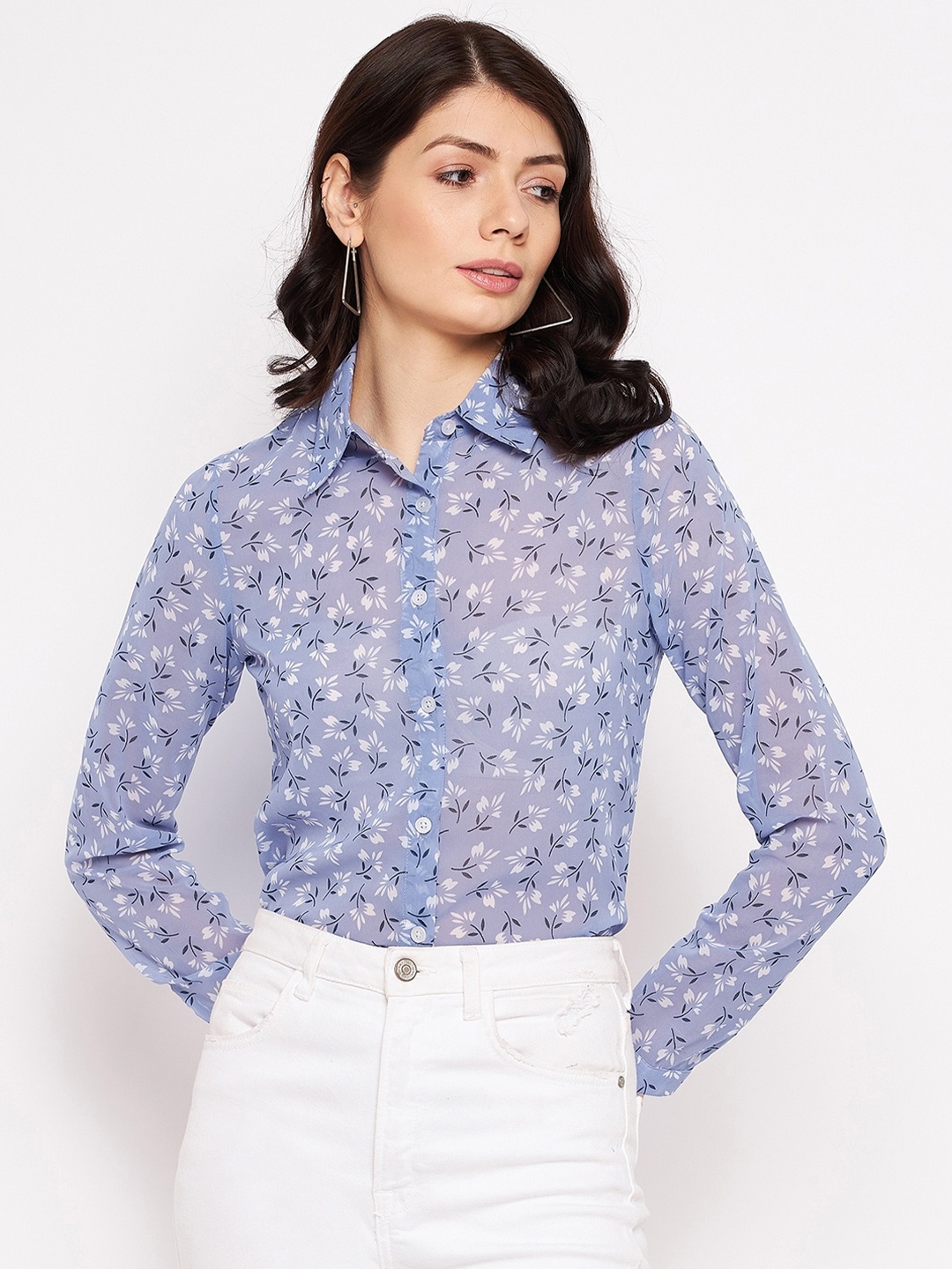 

PURYS Women Grey Smart Floral Semi Sheer Printed Casual Shirt