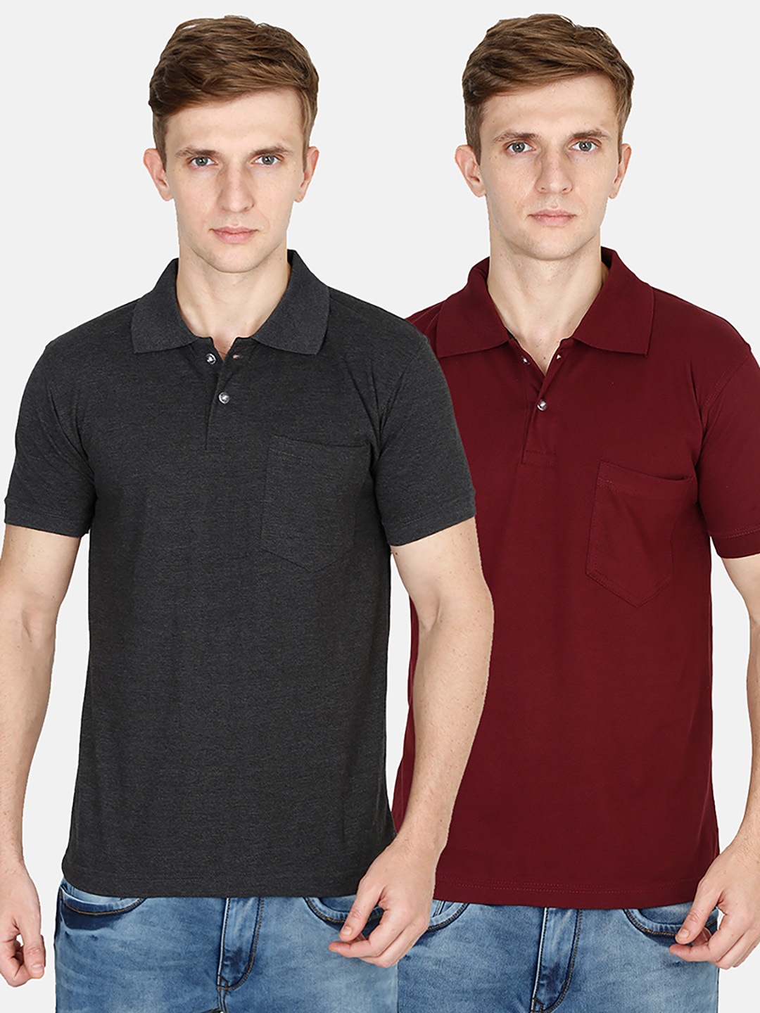 

Fleximaa Men Charcoal & Maroon Pack Of 2 Polo Collar T-shirt