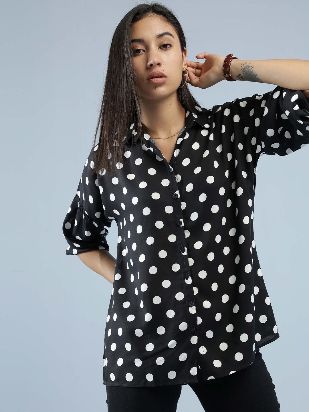 

IDK Women Black Printed Shirt Style Top