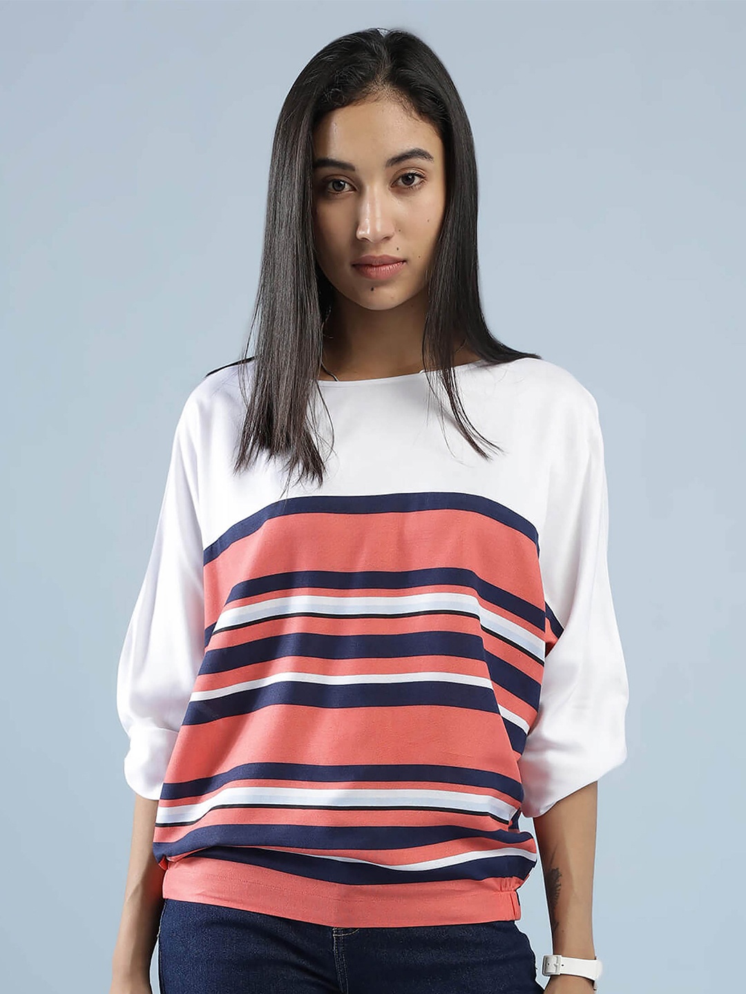 

IDK White & Pink Horizontal Striped Batwing Sleeves Top