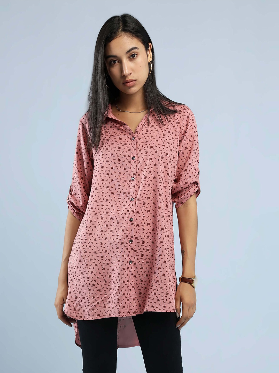 

IDK Peach-Coloured Print Roll-Up Sleeves Shirt Style Longline Top