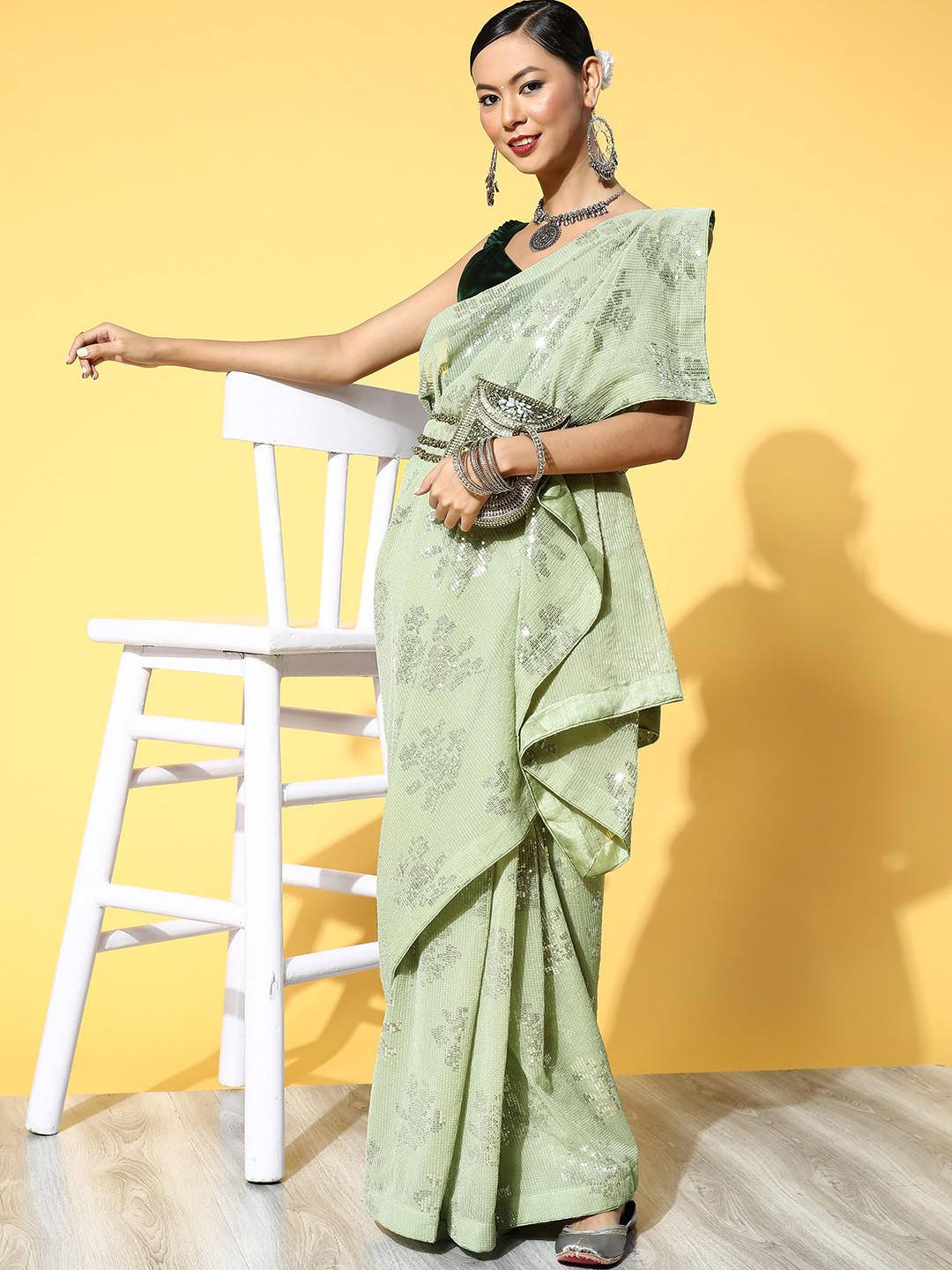 

Saree mall Green & Silver-Toned Striped Sarees