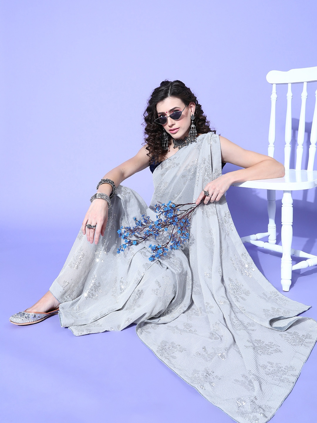 

Saree mall Grey Sequinned Striped Sarees