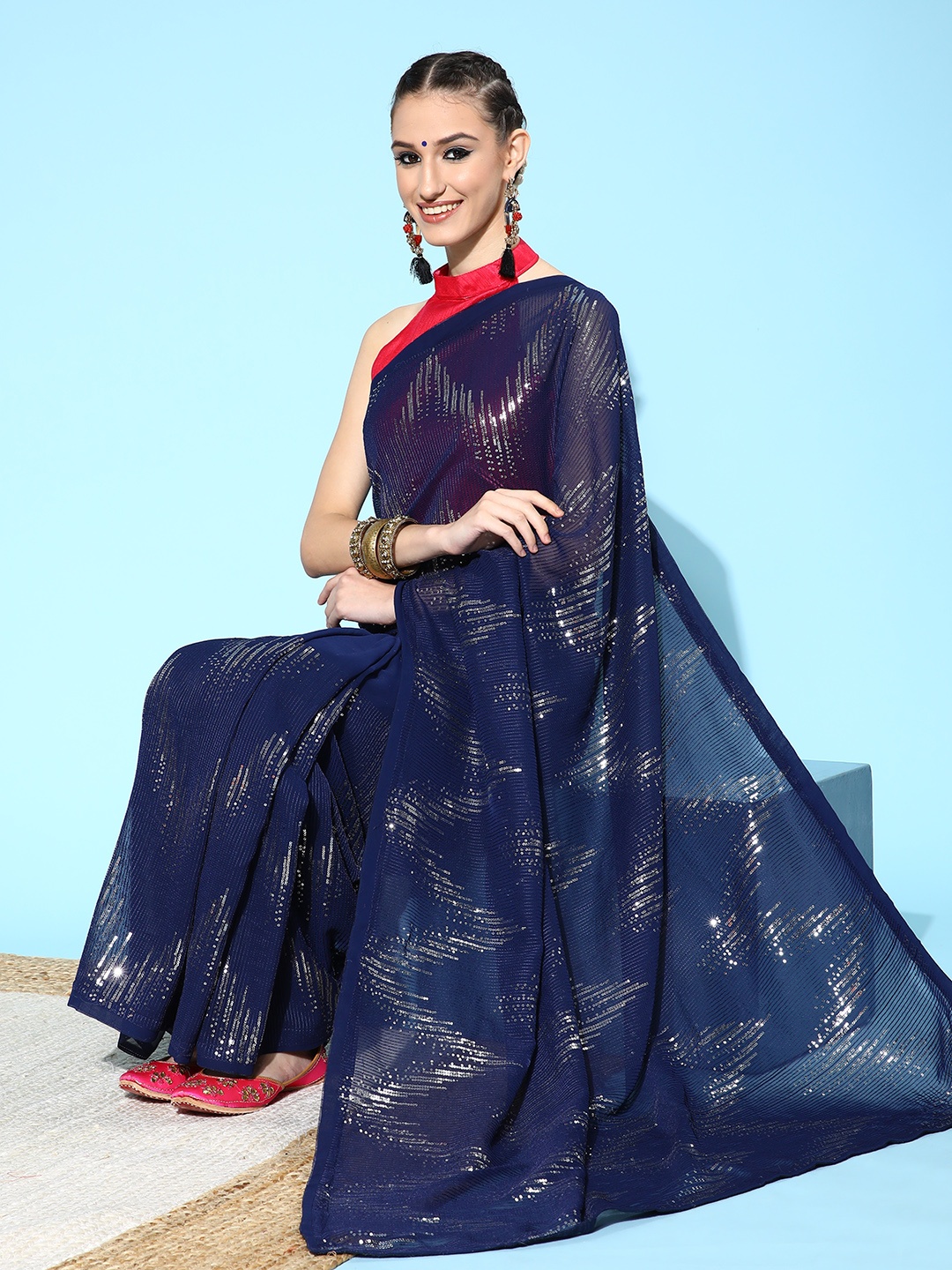 

Saree mall Embellished Saree with Border, Navy blue