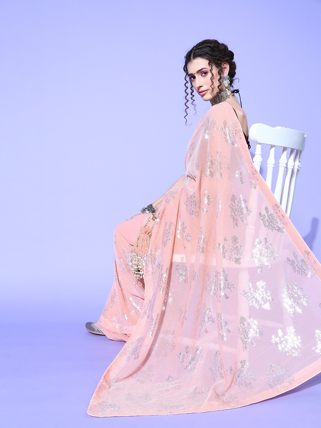 

Saree mall Peach-Coloured & Silver Sequinned Sarees