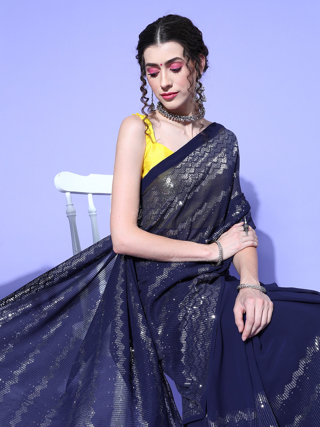 

Saree mall Navy Blue Sequinned Sarees