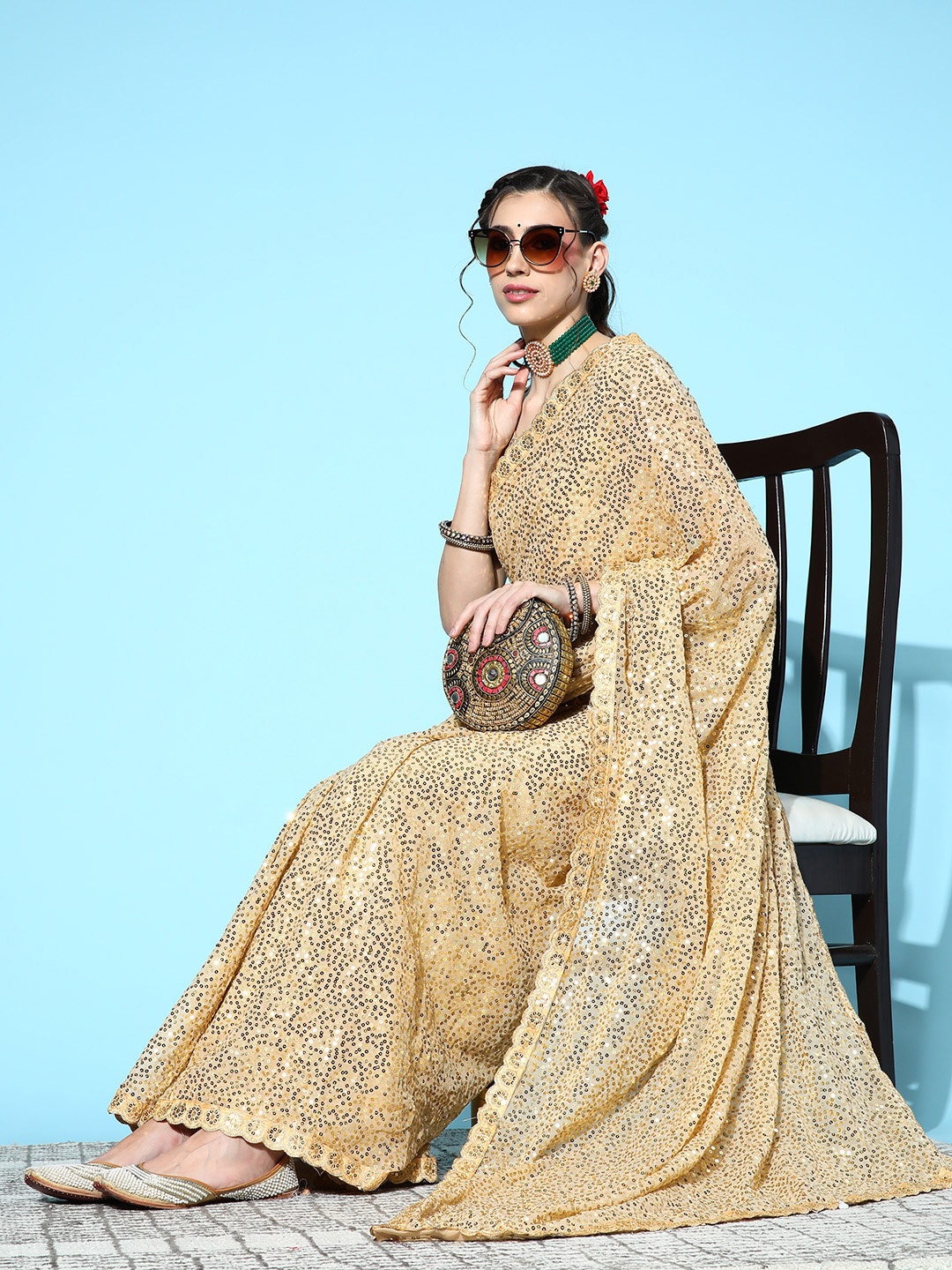 

Mitera Cream-Coloured Sequinned Saree