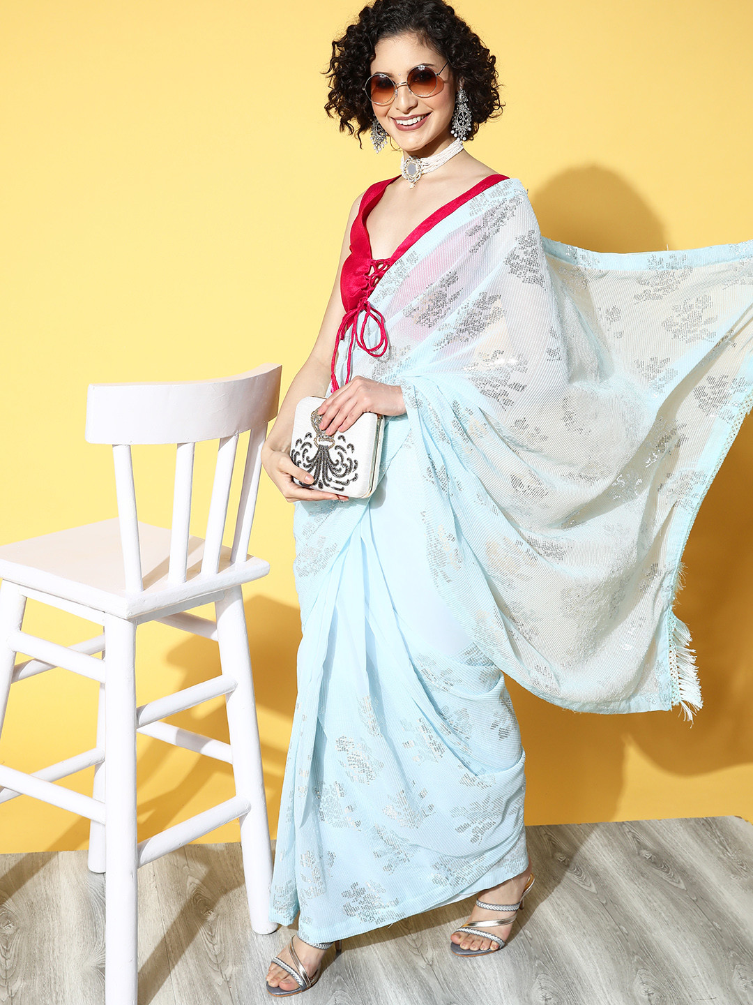 

Mitera Blue & Silver-Toned Striped Saree