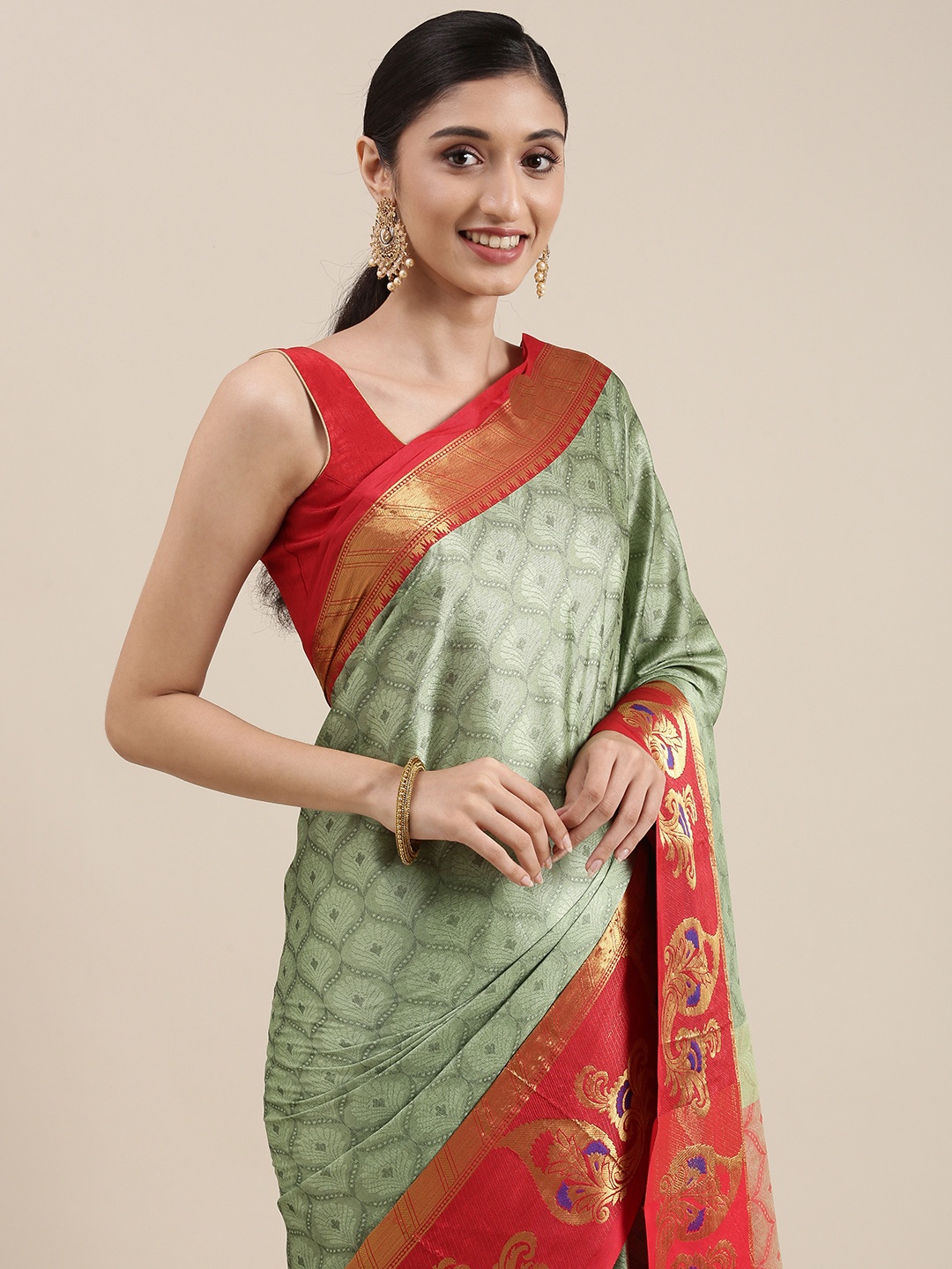 

Mitera Green Ethnic Motifs Zari Silk Cotton Banarasi Saree
