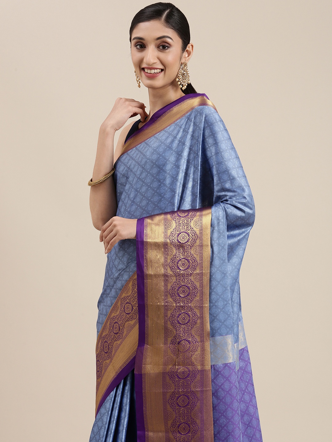 

Mitera Blue Ethnic Motifs Zari Silk Cotton Banarasi Saree