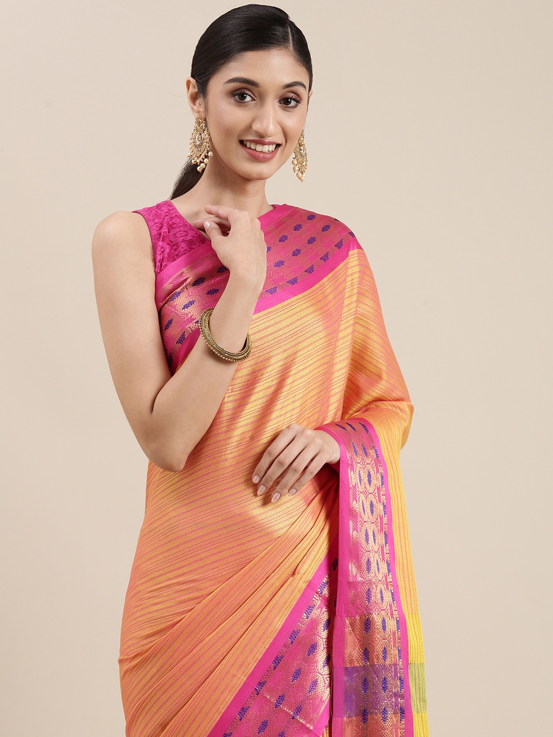 

Mitera Orange Striped Zari Silk Cotton Banarasi Saree