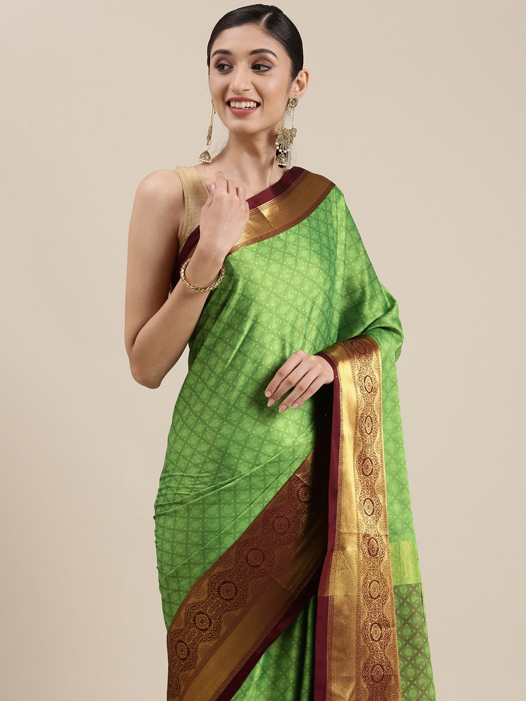 

Mitera Green Ethnic Motifs Zari Silk Cotton Banarasi Saree