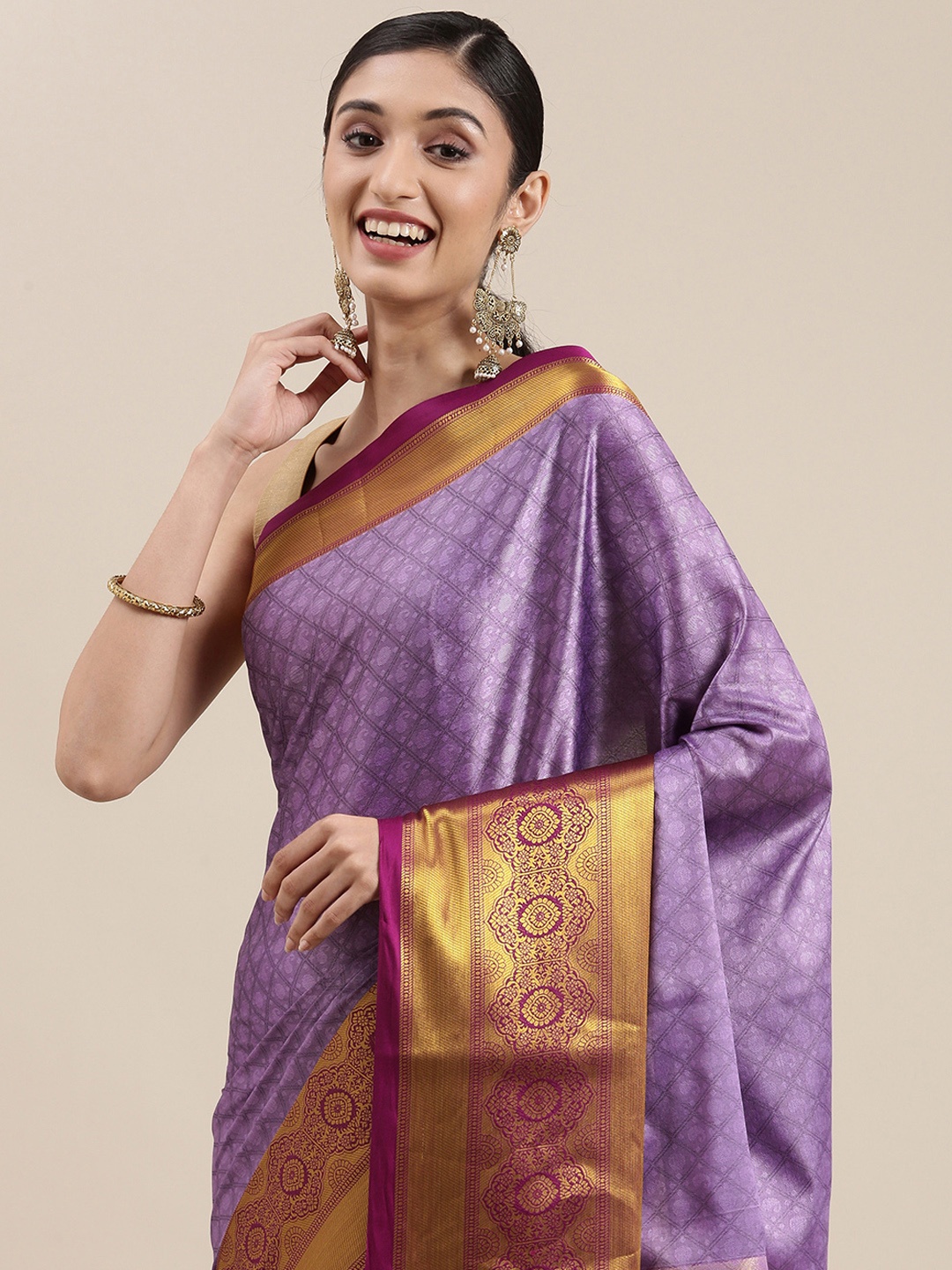 

Mitera Purple Ethnic Design Zari Silk Cotton Banarasi Saree