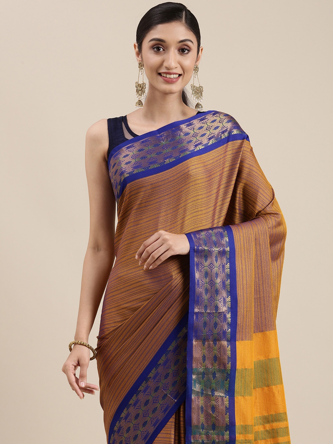 

Mitera Mustard Yellow Striped Zari Silk Cotton Banarasi Saree