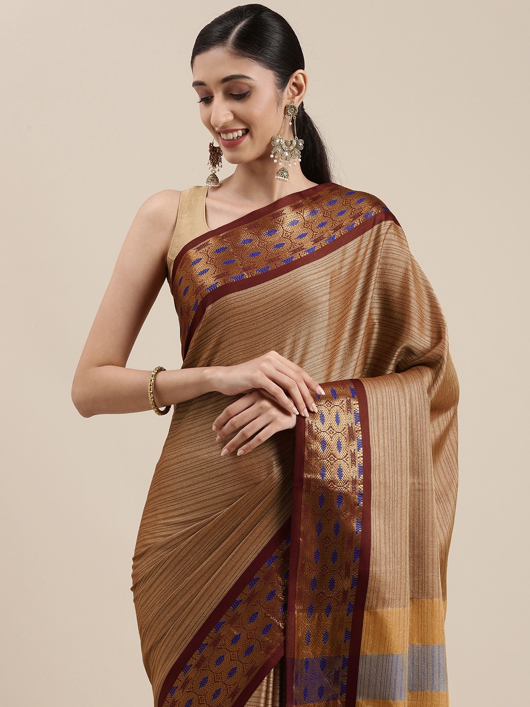 

Mitera Beige Striped Zari Silk Cotton Banarasi Saree