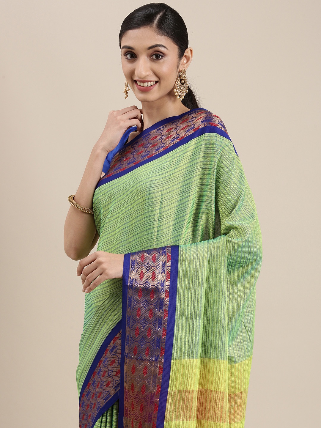 

Mitera Green Striped Zari Silk Cotton Banarasi Saree