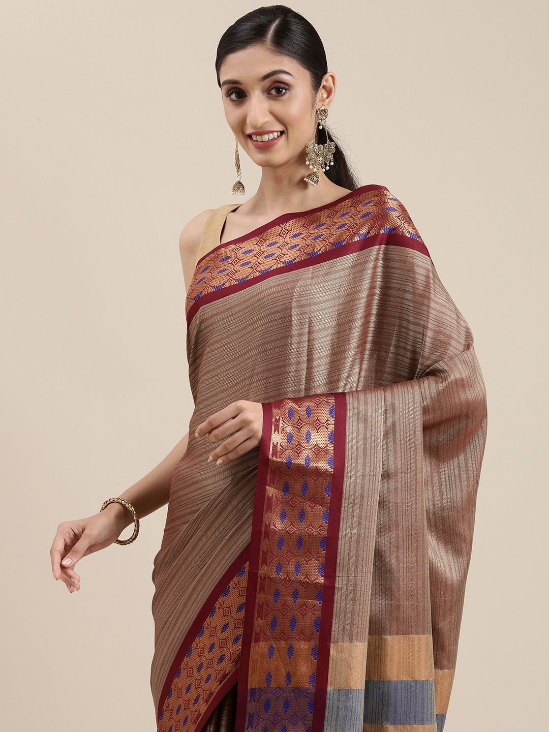 

Mitera Grey Striped Zari Silk Cotton Banarasi Saree