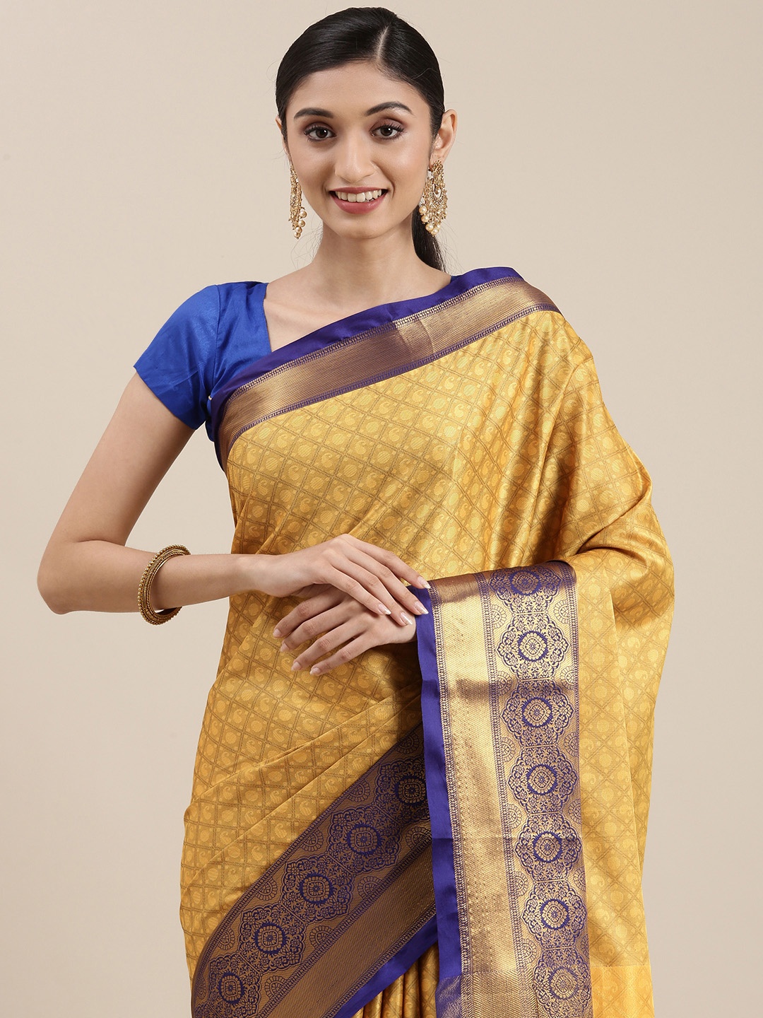 

Mitera Mustard Yellow Ethnic Motifs Zari Silk Cotton Banarasi Saree
