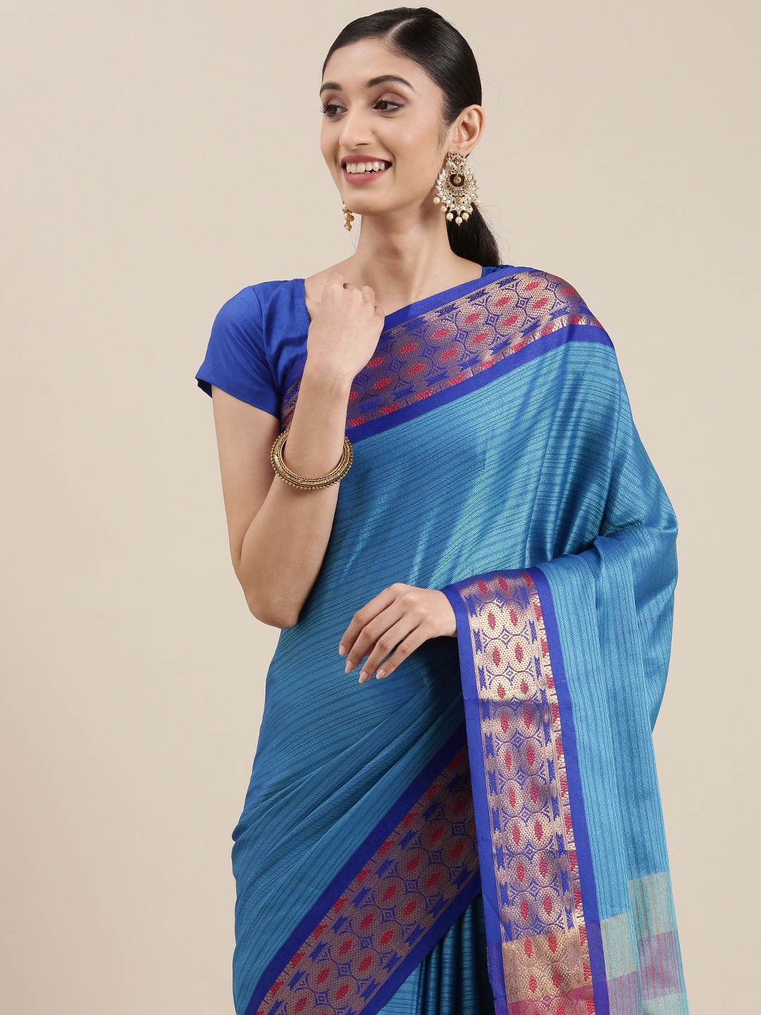 

Mitera Blue Striped Zari Silk Cotton Banarasi Saree