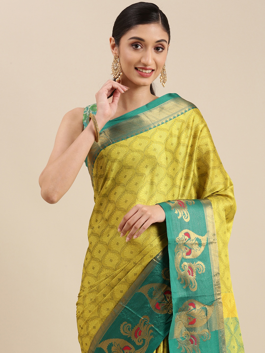 

Mitera Olive Green Ethnic Design Zari Silk Cotton Banarasi Saree