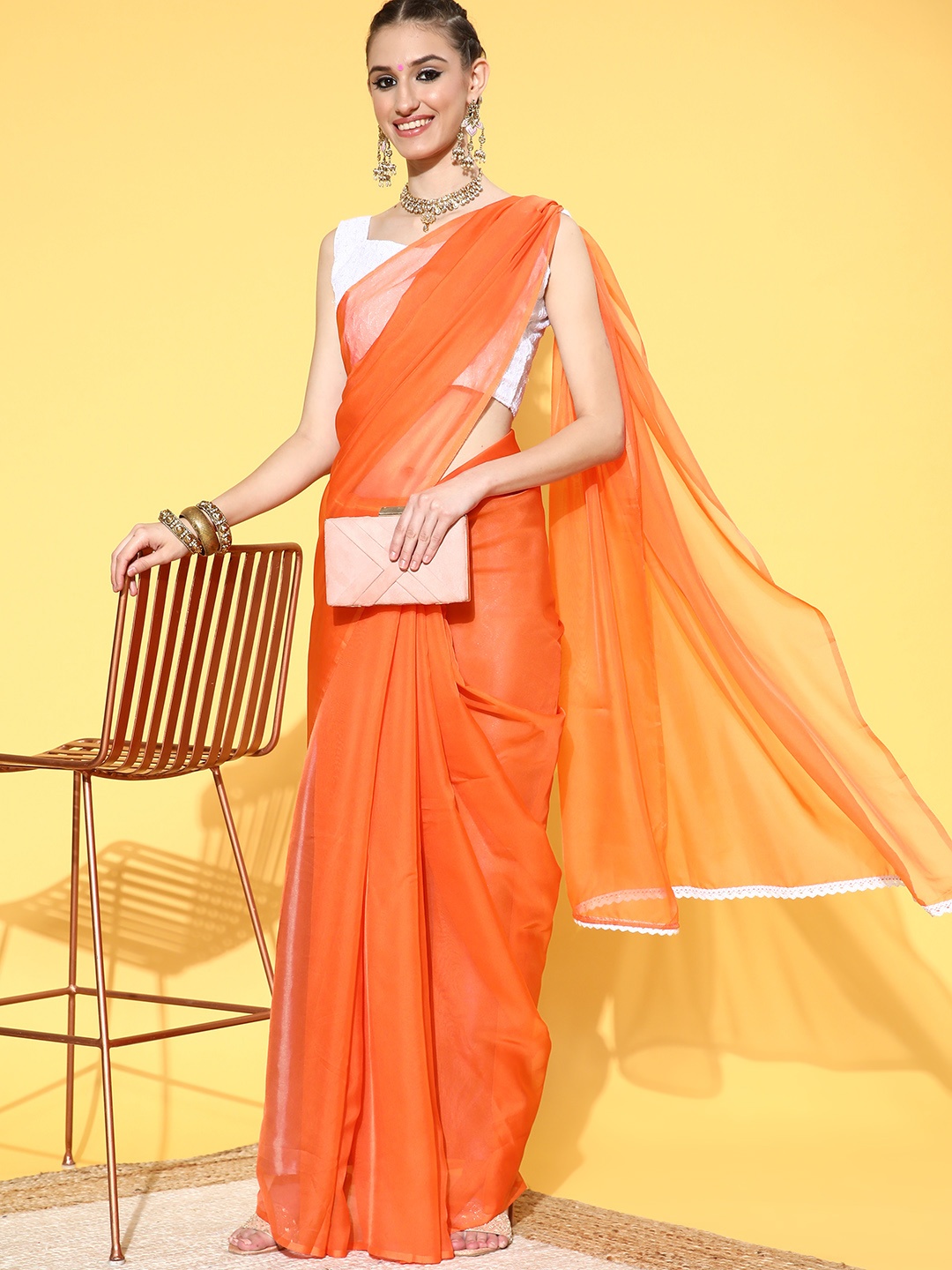 

Saree mall Solid Saree with Embroidered Border, Orange