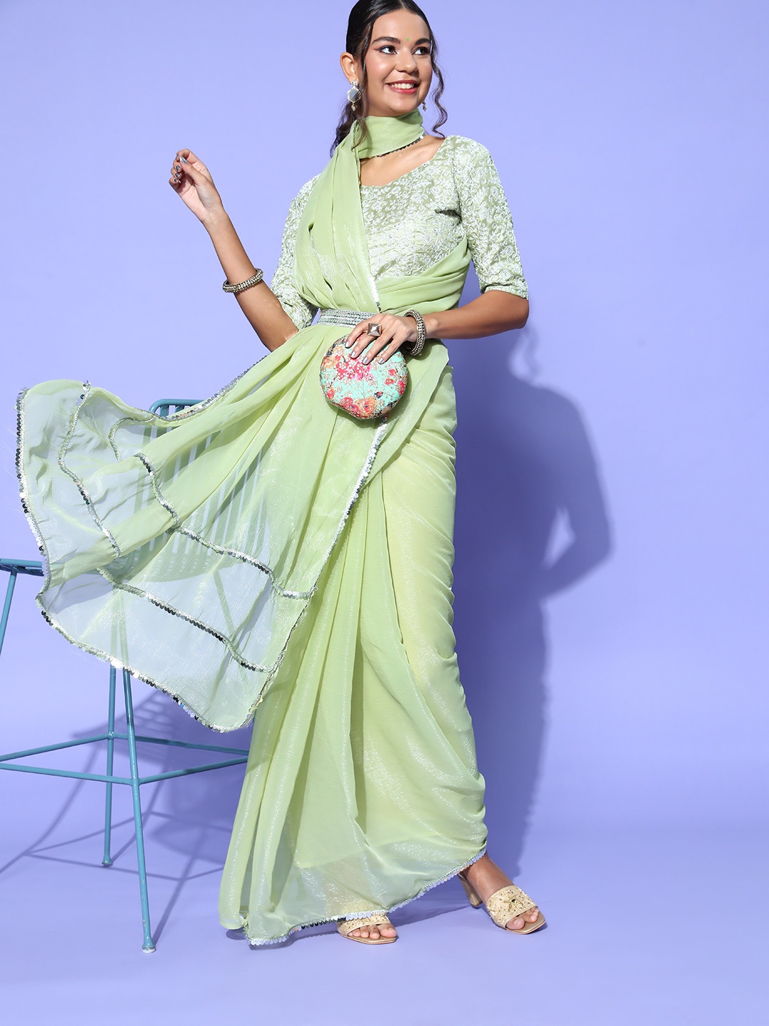 

Mitera Solid Saree with Embellished border, Green