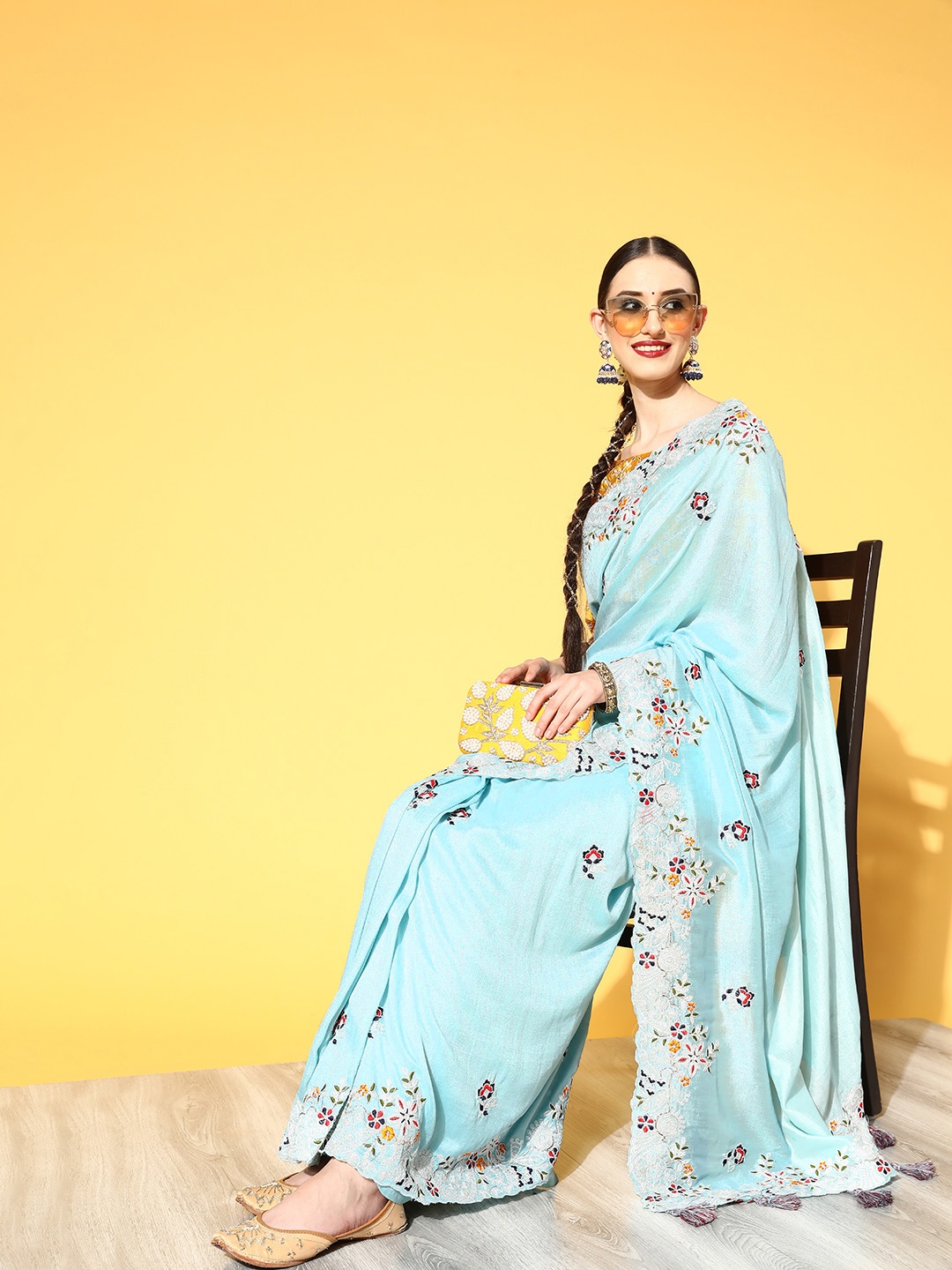 

Mitera Turquoise Blue Silk Blend Saree