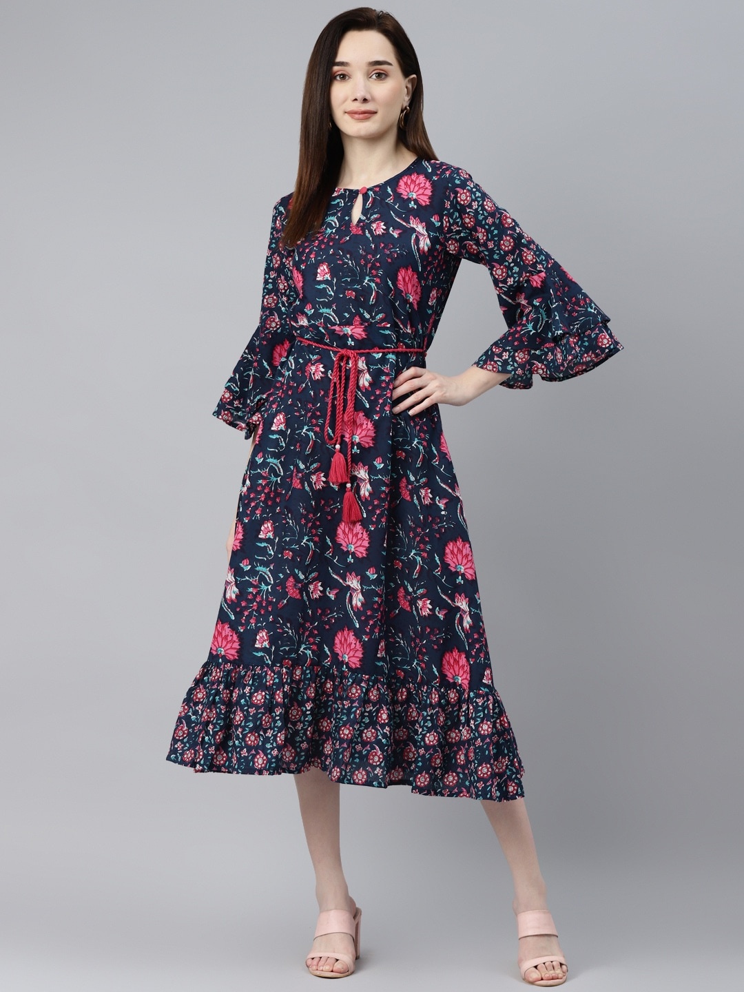 

Indibelle Navy Blue & Pink Ethnic Motifs Bell Sleeves Ethnic A-Line Midi Dress