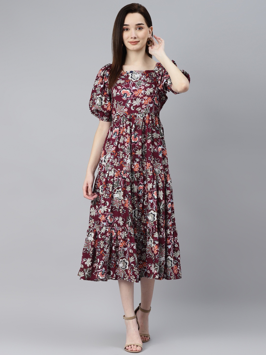 

Indibelle Burgundy & Orange Floral Puff Sleeves Midi Dress