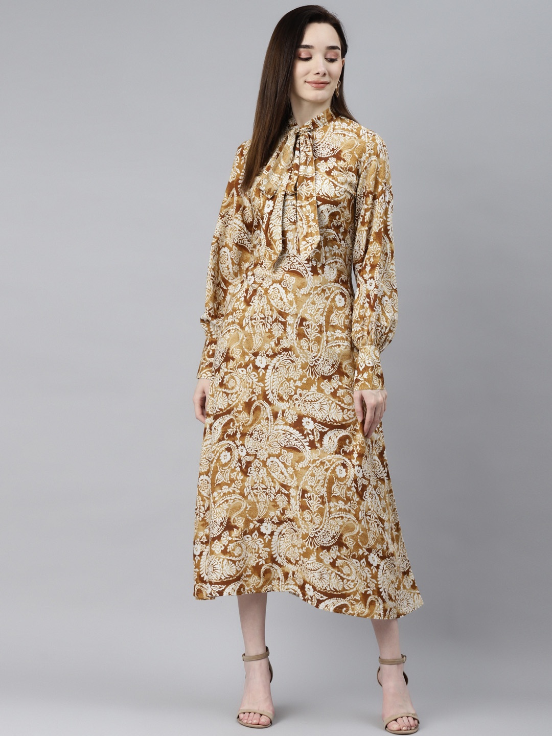 

Indibelle Mustard Yellow & White Ethnic Motifs Tie-Up Neck Ethnic A-Line Midi Dress