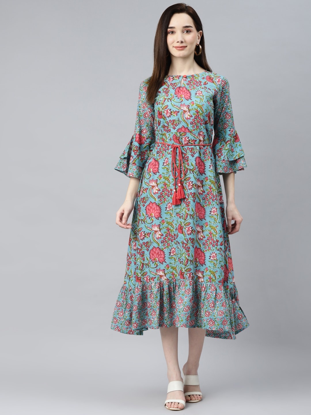 

Indibelle Turquoise Blue & Red Ethnic Motifs Printed Bell Sleeves Ethnic A-Line Midi Dress
